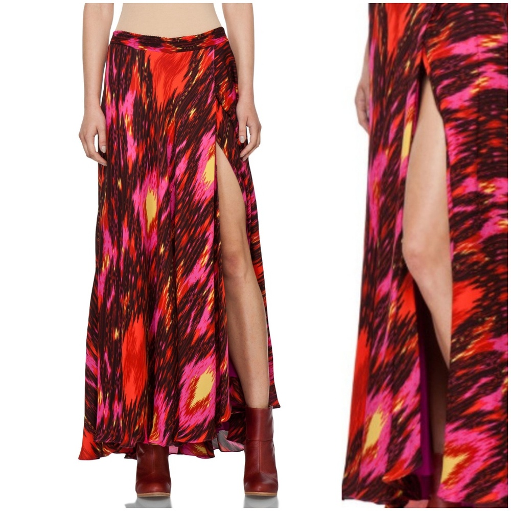 Haute Hippie Ikat Silk Maxi Skirt w/High Slit